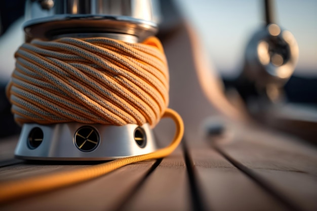 Closeup image of ropes lying on the wooden deck AI Generation