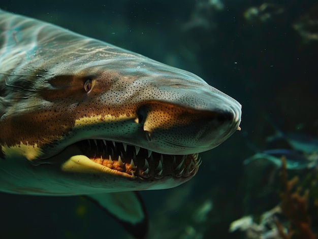 A closeup image of a shark gliding underwater showcasing its streamlined body sharp teeth and focused eyes amid the marine environment shark underwater predator teeth marine closeup