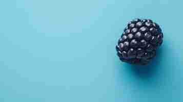 Photo a closeup image of a single blackberry on a blue background the blackberry is ripe and juicy with a deep purple color