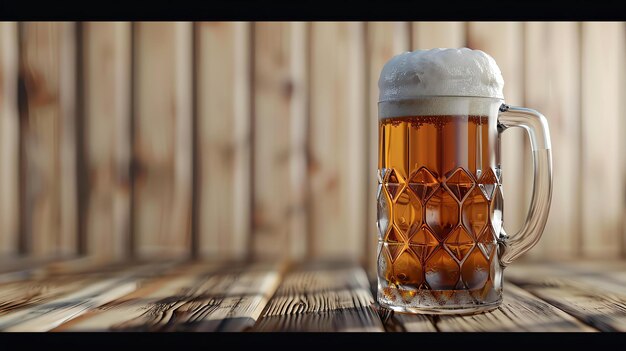 A closeup image of a single glass of beer on a wooden table