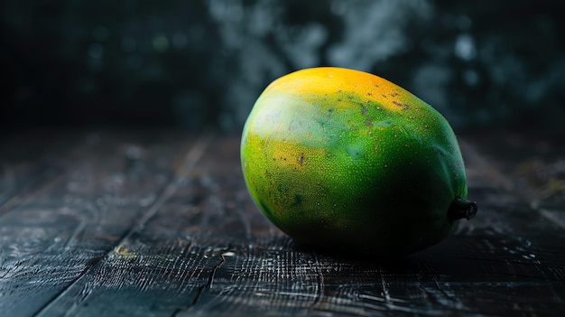 Photo a closeup image of a single ripe mango resting on a dark wood table the mango is perfectly round and has a smooth glossy skin