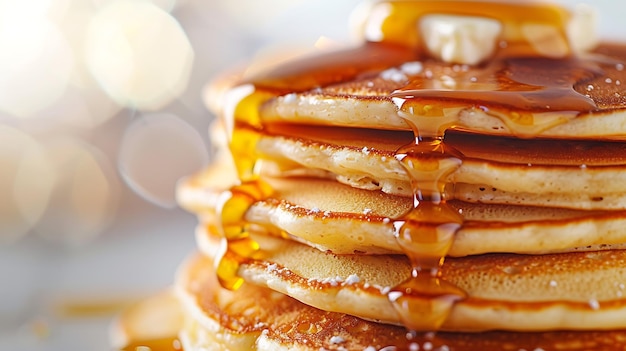 A closeup image of a stack of pancakes with butter and syrup The pancakes are fluffy and golden brown and the syrup is thick and ambercolored