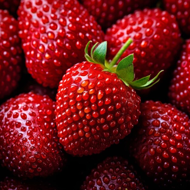 A closeup image of a strawberry with a green stem and red seeds