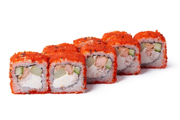 Closeup image of sushi rolls isolated at white background