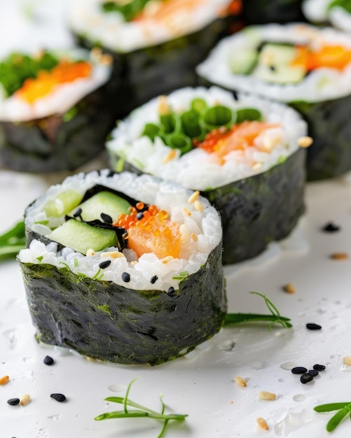 Foto immagine in primo piano di rotoli di sushi con cetriolo di salmone e riso avvolti in nori guarniti con semi di sesamo e cipolle verdi