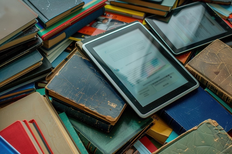 Photo a closeup image of tablets and ereaders displaying educational materials and etextbooks the image represents the shift to digital learning and modern education generative ai