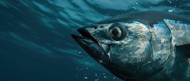 Photo closeup image of thunnus thynnus a magnificent bluefin tuna in ocean water