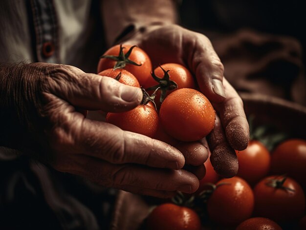 Foto immagine ravvicinata di un pomodoro tra le mani di un contadino