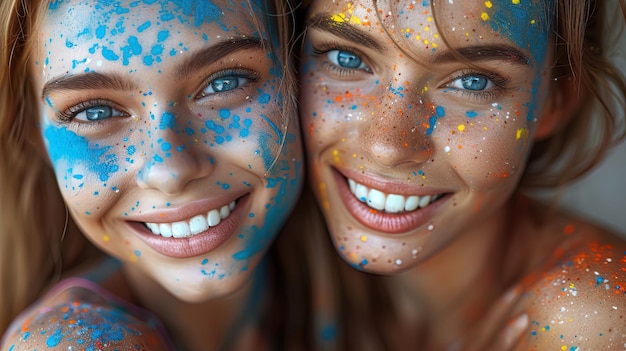 A closeup image of two friends with their faces smeared with bright hues of powder paint their e