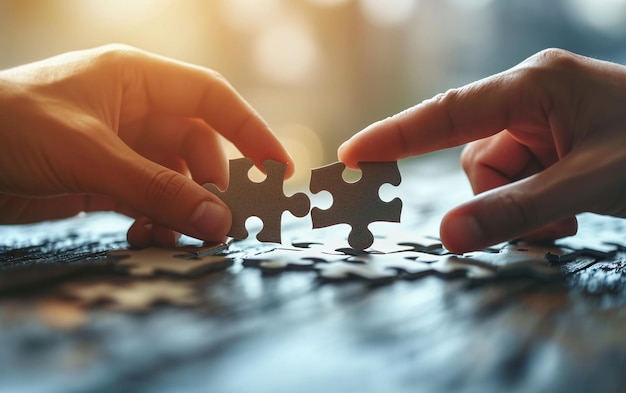 closeup image of two hands try to fit puzzle pieces teamwork concept