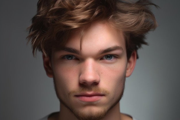 Closeup image of an unkempt young man against a grey background created with generative ai