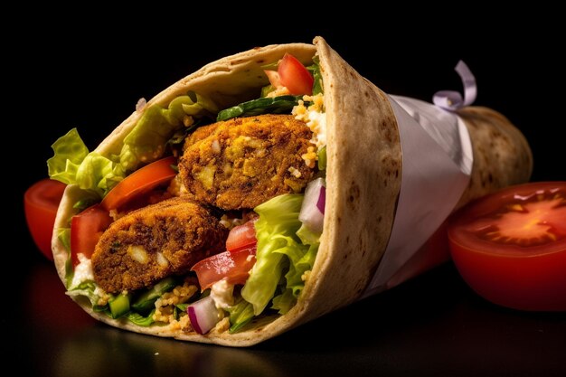 Closeup image of a vibrant falafel sandwich in pita bread with lettuce and tomatoes