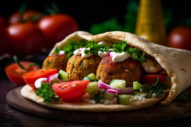 Closeup image of a vibrant falafel sandwich in pita bread with lettuce and tomatoes