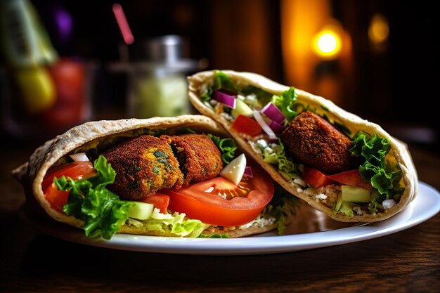 Closeup image of a vibrant falafel sandwich in pita bread with lettuce and tomatoes