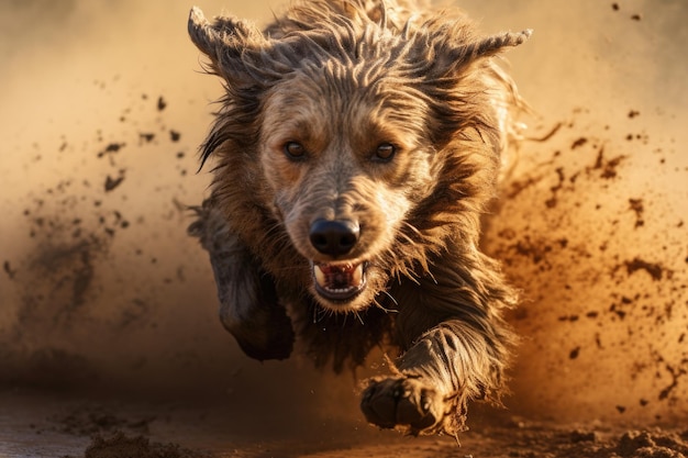 Closeup image of wet brown dog running towards camera through dust and mud Generative ai