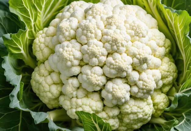 A closeup image of a white cauliflower head