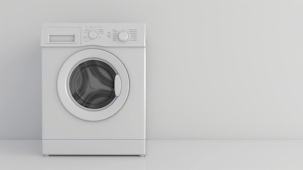 a closeup image of a white washing machine standing alone in a white room white background