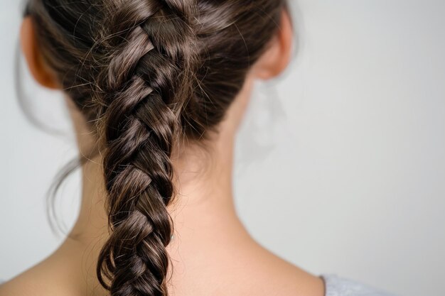 Photo closeup image of a woman featuring a detailed fishtail braid against a neutral background