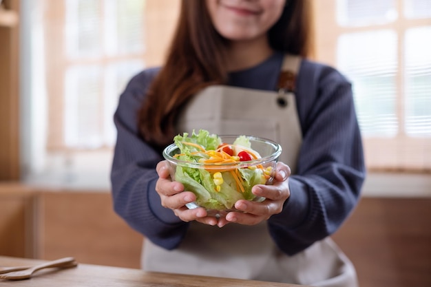 Closeup image of a woman holding and showing a fresh mixed vegetables salad in the kitchen at home