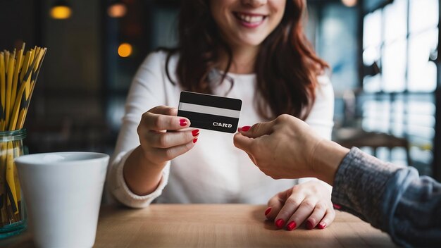 Closeup image of woman paying with credit card in cafe