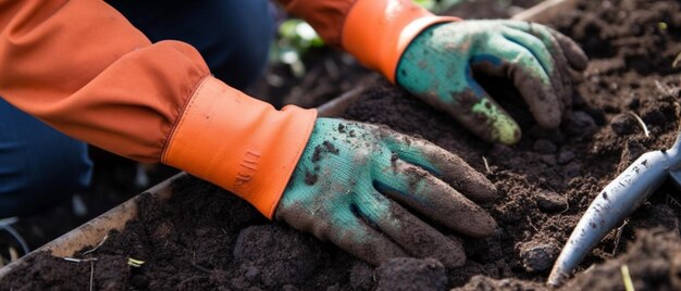 Closeup image of woman s hands in gardening gloves planting tomato