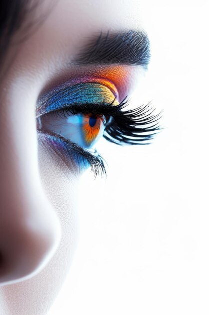 A closeup image of a womans eye with bright eyeshadow and fake lashes