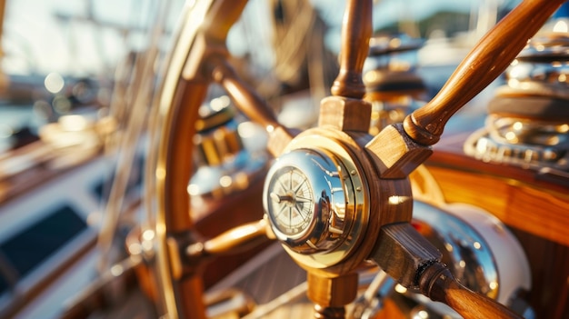 Photo a closeup image of a yacht wheel with its polished wooden spokes and brass details shining in the