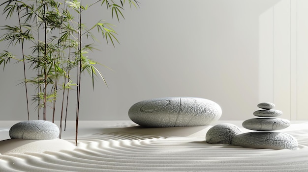 Foto un primo piano di un giardino zen con una grande pietra liscia al centro circondata da pietre più piccole e sabbia rastrellata con una bella pianta di bambù in