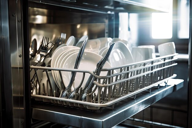 Closeup of industrial dishwasher with clean plates glasses and silverware created with generative ai