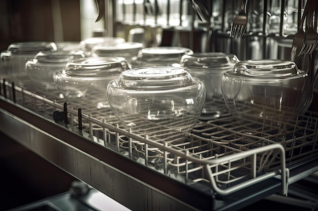 Closeup of industrial dishwasher with dishes and glasses drying on rack created with generative ai