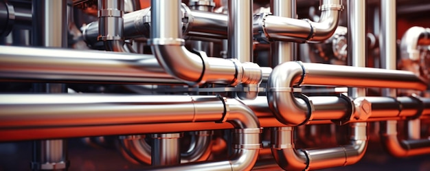 Photo closeup industrial view of a pipeline liquid and gas delivery equipment oil and gas processing area distribution pipeline unit at a plant