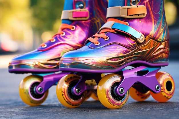 Photo closeup of inline skates with vibrant colorful wheels