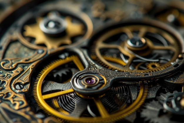 Photo closeup of the inner workings of a mechanical watch many different gears and parts technical background