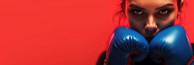 Closeup of intense female boxer with blue gloves poised to strike against a striking red background exuding focus and determination Banner with copy space