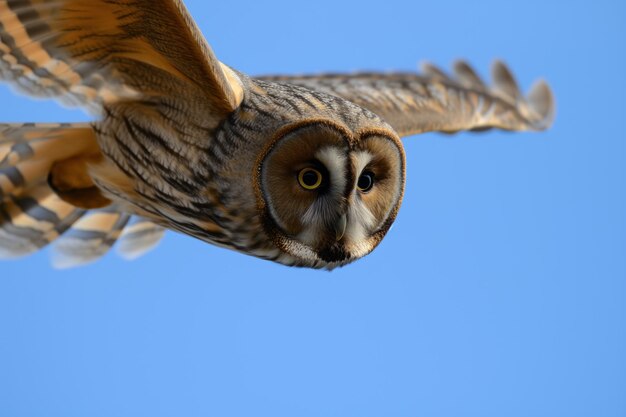 Foto close-up di un volto di gufo intenso in volo con un cielo blu limpido