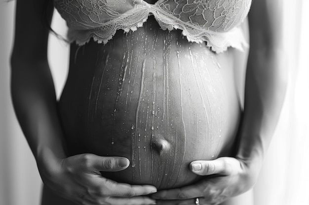 A closeup intimate shot accentuating the curves of a pregnant womans abdomen