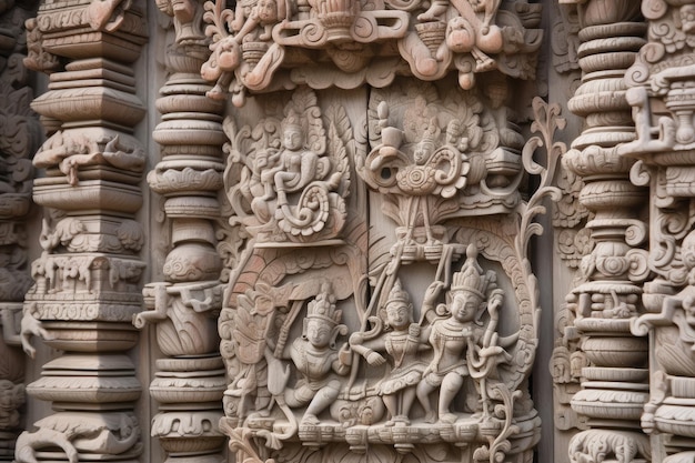 Closeup of intricate carvings on a hindu temple gate