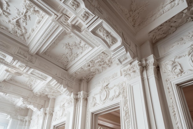 Closeup of intricate ceiling moldings in historic building created with generative ai