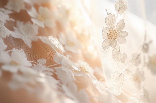Photo closeup of intricate floral lace details on a wedding veil