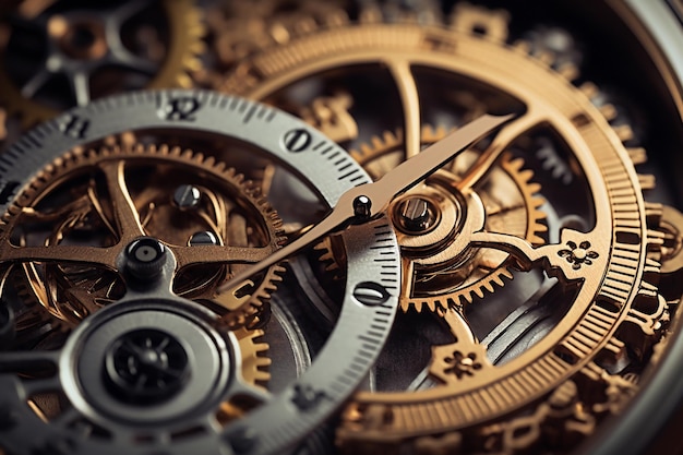 Closeup of the intricate gears in a clock mechanism