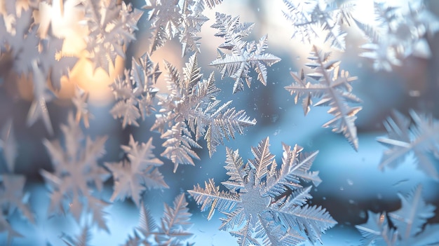 Closeup of intricate ice crystals formed on a window pane resembling a beautiful frosty pattern