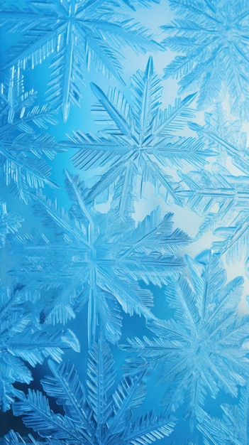 Closeup of intricate ice crystals forming a mesmerizing symmetrical pattern on a blue background