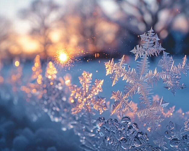 Photo closeup of intricate ice patterns on a window