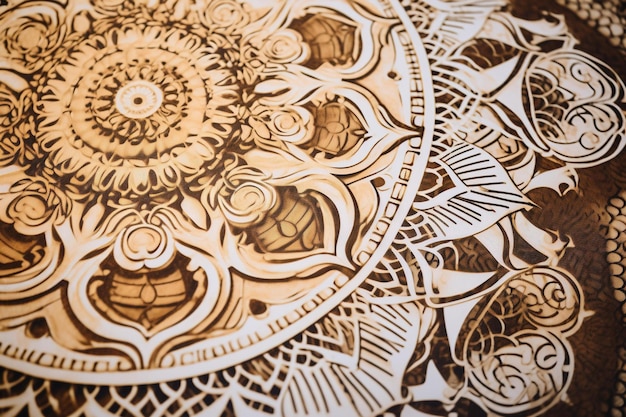 Closeup of intricate mandala patterns on recycled paper