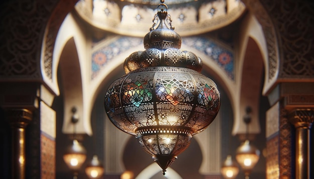 Closeup of intricate moroccan style chandelier hanging from ceiling