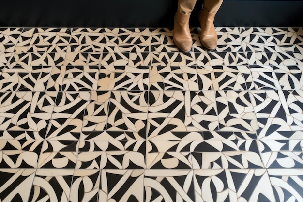 Closeup of intricate mosaic tile floor pattern in sleek modern home created with generative ai