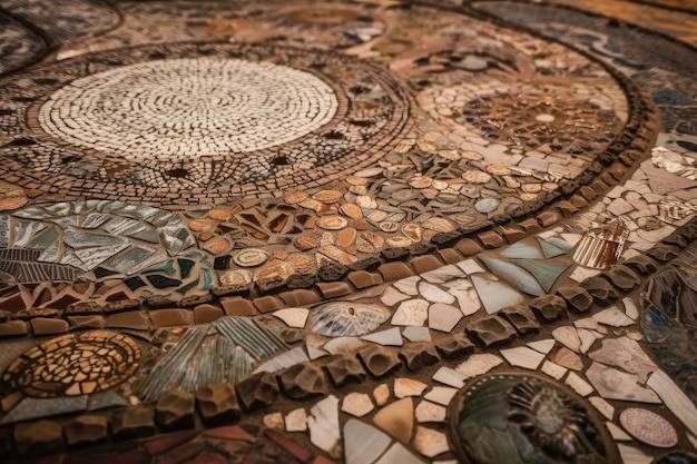 A closeup of an intricate mosaic with its mix of materials textures and patterns visible