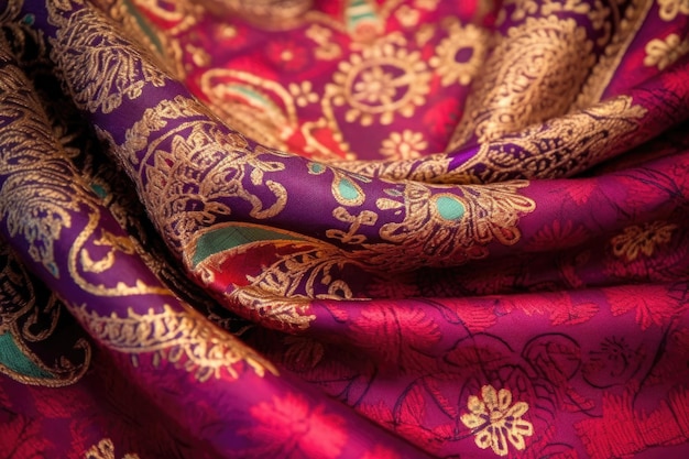 Closeup of intricate silk saree patterns created with generative ai