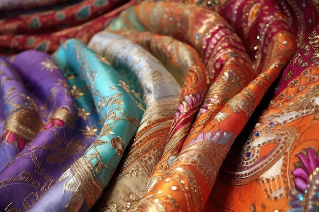 Closeup of intricate silk saree patterns and textures created with generative ai