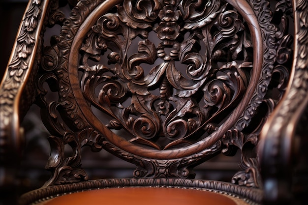 Photo closeup of intricate wood carving on a mahogany antique chair